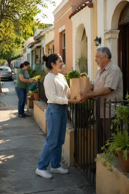 Neighbors Sharing Groceries on Suburban Street