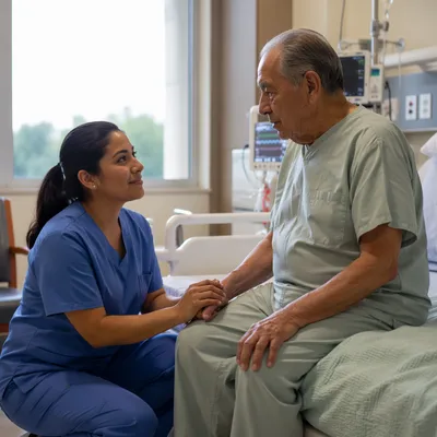 Nurse Comforting Elderly Patient in Hospital Room