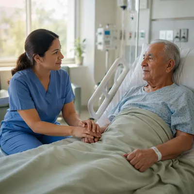 Nurse Comforting Elderly Patient in Hospital Room