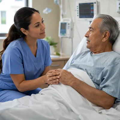 Nurse Comforting Elderly Patient in Hospital