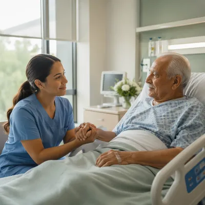 Nurse Comforting Elderly Patient in Hospital Room