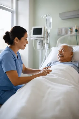Nurse Comforting Elderly Patient at Bedside