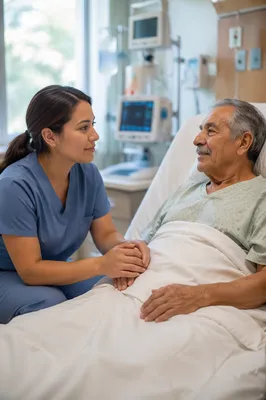 Nurse Comforting Elderly Patient in Hospital Room