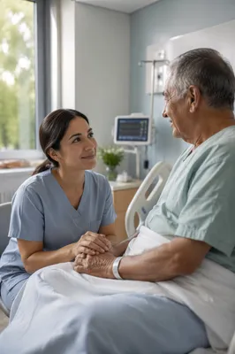Nurse Comforting Elderly Patient in Hospital Room