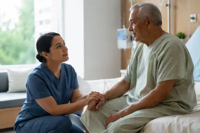 Nurse Comforting Elderly Patient in Hospital Room