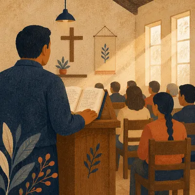 Hispanic Pastor Preaching in Community Chapel