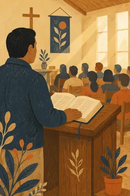 Hispanic Pastor Preaching in Community Chapel