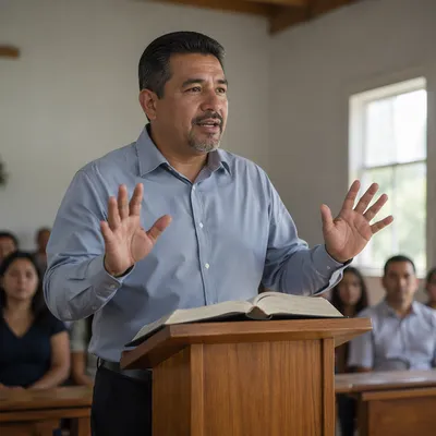 Hispanic Pastor Preaching from Spanish Bible
