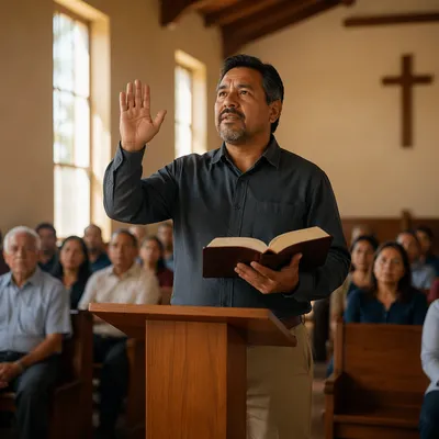 Hispanic Pastor Preaching from Spanish Bible