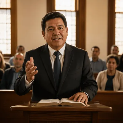 Hispanic Pastor Preaching with Open Bible