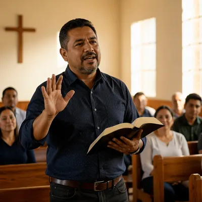 Hispanic Pastor Preaching from Spanish Bible