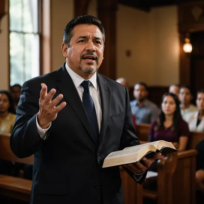 Hispanic Pastor Preaching with Open Bible