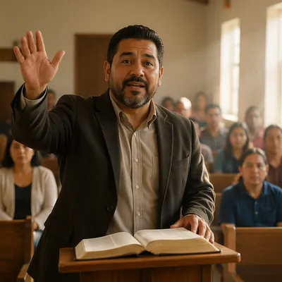 Hispanic Pastor Preaching from Spanish Bible