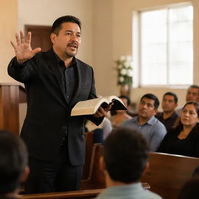 Pastor Preaching in Sunlit Church Hall
