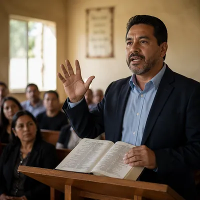 Hispanic Pastor Preaching with Open Bible