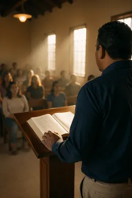 Hispanic Pastor Preaching in Community Chapel