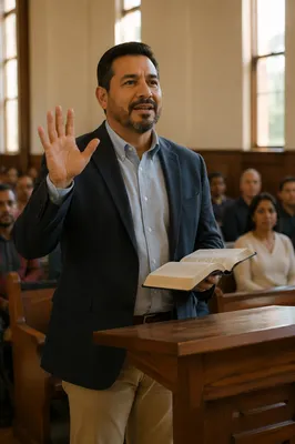Hispanic Pastor Preaching from Spanish Bible