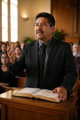 Hispanic Pastor Preaching from Open Bible