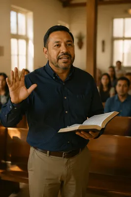 Hispanic Pastor Preaching from Spanish Bible