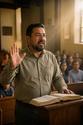 Hispanic Pastor Preaching with Open Spanish Bible