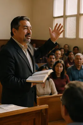 Hispanic Pastor Preaching in Sunlit Church Hall