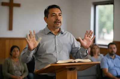 Latino Pastor Preaching at Wooden Lectern