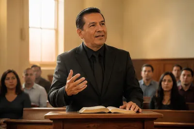 Pastor Preaching in Sunlit Church Interior