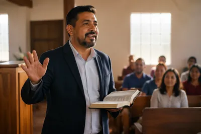 Pastor Preaching with Open Spanish Bible