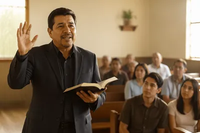 Hispanic Pastor Preaching in Sunlit Church Hall