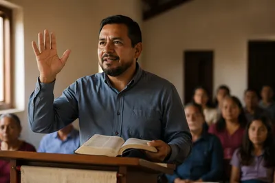 Hispanic Pastor Preaching in Sunlit Church Hall