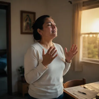 Latina Woman Praying in Soft Dawn Light