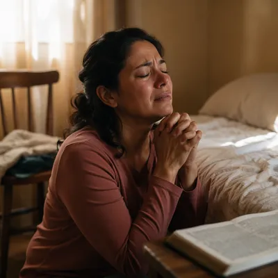 Latina Woman Praying Beside Bed at Dawn