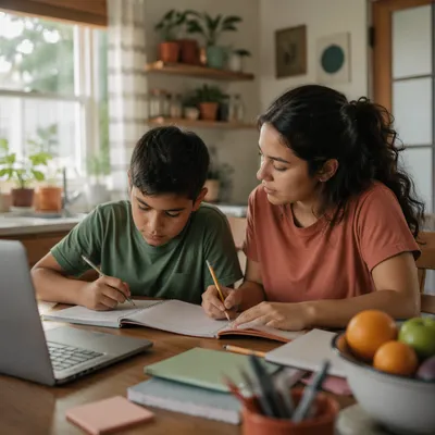 Hispanic Siblings Studying at Kitchen Table