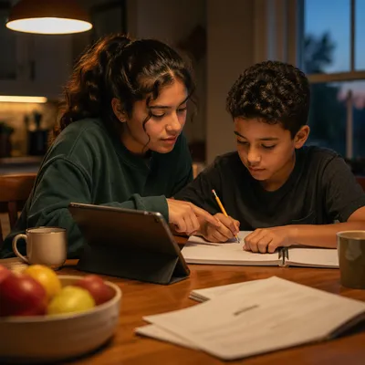 Hispanic Siblings Studying at Kitchen Table