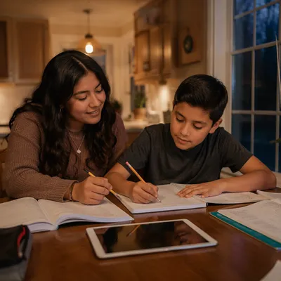 Hispanic Siblings Studying at Kitchen Table