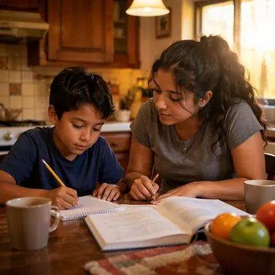 Hispanic Siblings Studying at Kitchen Table