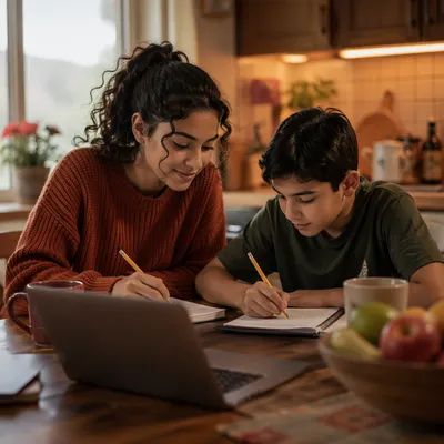 Hispanic Siblings Studying at Kitchen Table