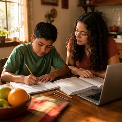 Hispanic Siblings Studying at Kitchen Table