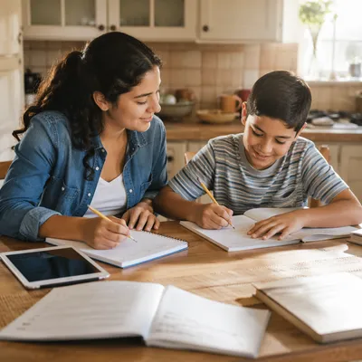 Hispanic Siblings Studying at Kitchen Table