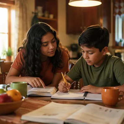 Hispanic Siblings Studying at Kitchen Table
