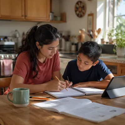 Hispanic Siblings Studying at Kitchen Table