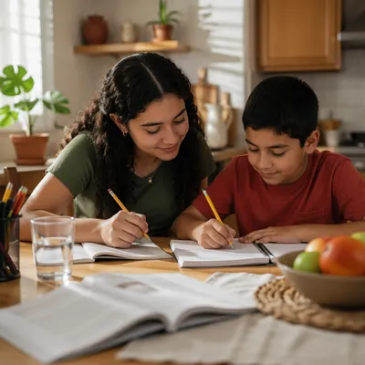 Hispanic Siblings Studying at Kitchen Table