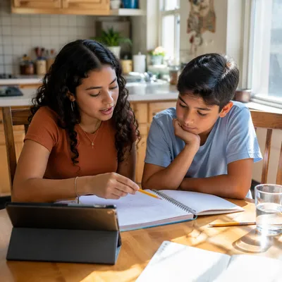 Hispanic Siblings Studying at Kitchen Table