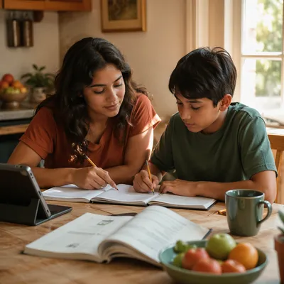 Hispanic Siblings Studying at Kitchen Table