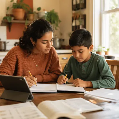 Hispanic Siblings Studying at Kitchen Table