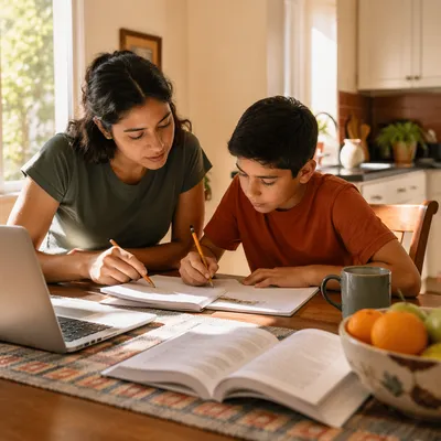 Hispanic Siblings Studying at Kitchen Table