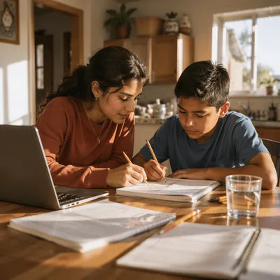 Hispanic Siblings Studying at Kitchen Table