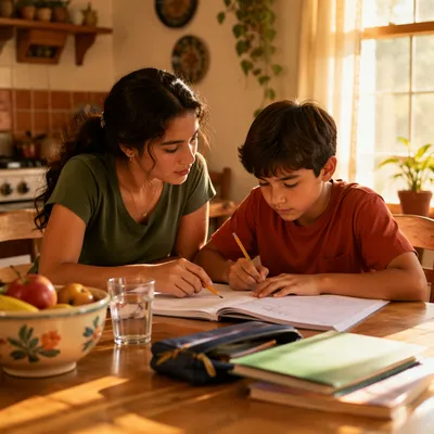 Hispanic Siblings Studying at Kitchen Table