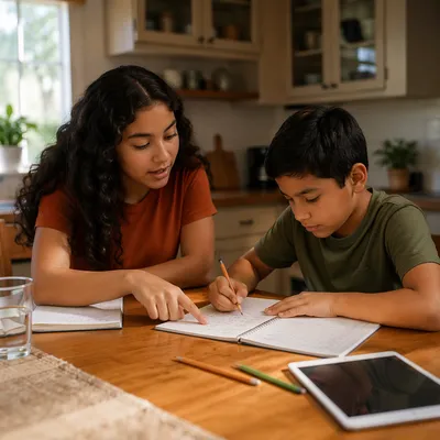Hispanic Siblings Studying at Kitchen Table