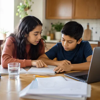 Hispanic Siblings Studying at Kitchen Table